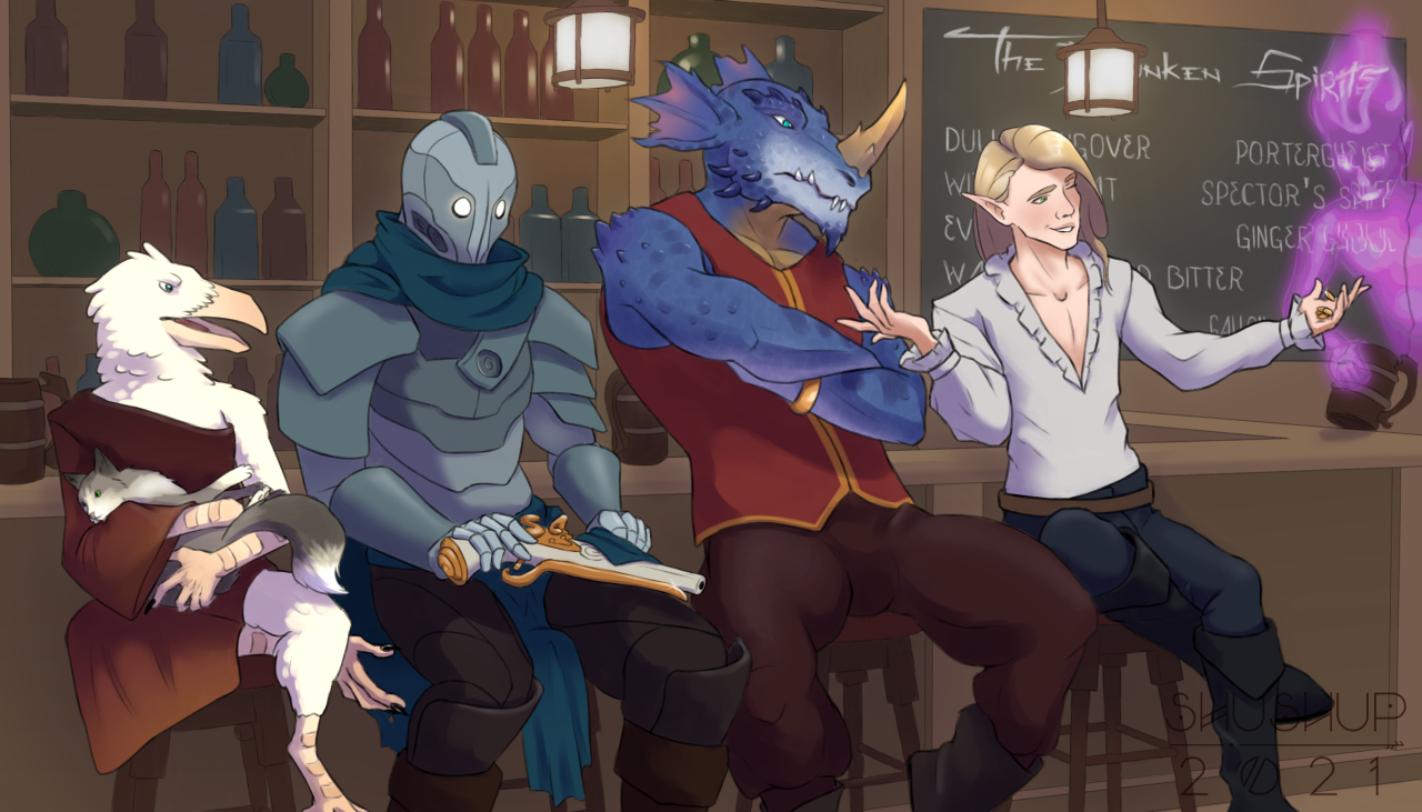A male elf, a male dragonborn, a warforged and a female kenku sit at a bar. The elf is offering someone offscreen a handful of gold. The dragonborn and the kenku look disapprovingly at him. The warforged polishes his pistol. A ghost in the background pushes a mug of beer off the bar.
